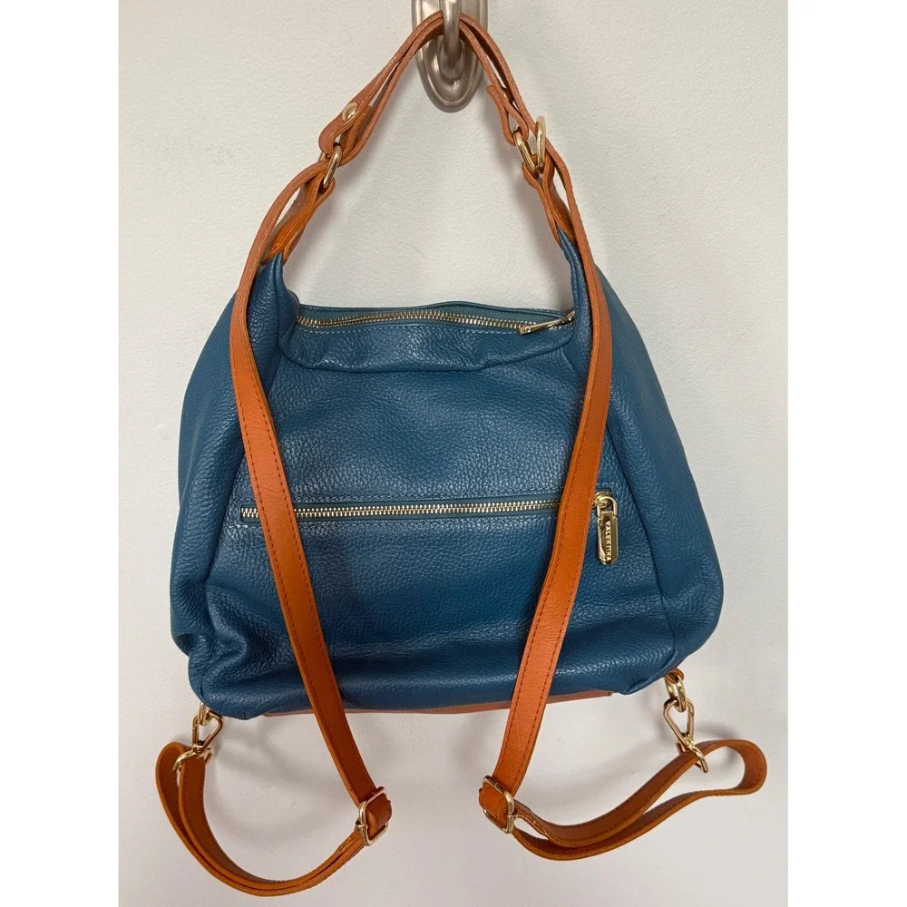 Valentina Convertible Italian Pebbled Leather Bag Backpack In‎ Ocean Blue